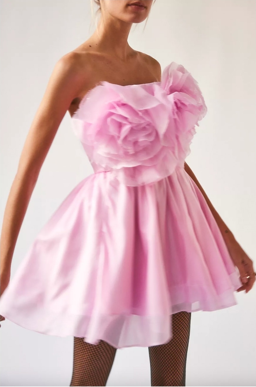 Bardot Pink Strapless Mini Dress Fit & Flare With Large Roses Size 6